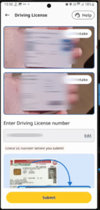 ड्राइविंग लाइसेंस का Front और Back Side फोटो, ड्राइविंग लाइसेंस नंबर डालें फिर Submit पर क्लिक करें
